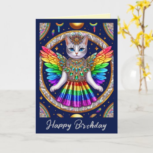 Carte d'anniversaire | Chat ange de la fierté arc- (Fleur jaune)