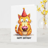 Carte d'anniversaire Chat avec gâteau (Fleur jaune)