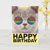 CARTE D'ANNIVERSAIRE CHAT cool, PORTANT DES LUNETT (Fleur jaune)