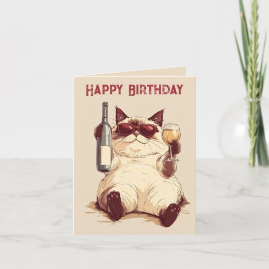Carte d'anniversaire Chat et Bouteille de Vin (Devant)