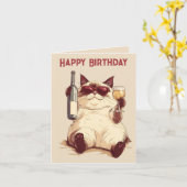 Carte d'anniversaire Chat et Bouteille de Vin (Fleur jaune)