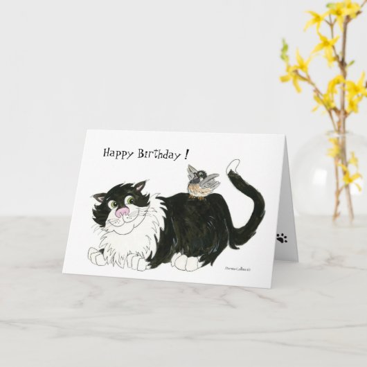 Carte d'anniversaire Chat et Chickadee (Fleur jaune)