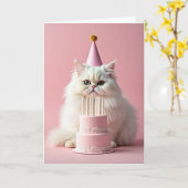 Carte d'anniversaire Chat Fluffy Chapeau Rose (Fleur jaune)