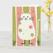 Carte d'anniversaire Chat Rose Vert (Fleur jaune)