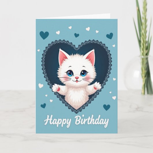 Carte d'anniversaire Chaton Cœur Bleu (Devant)