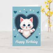 Carte d'anniversaire Chaton Cœur Bleu (Fleur jaune)