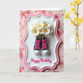 Carte d'anniversaire Chaussure Rose (Fleur jaune)