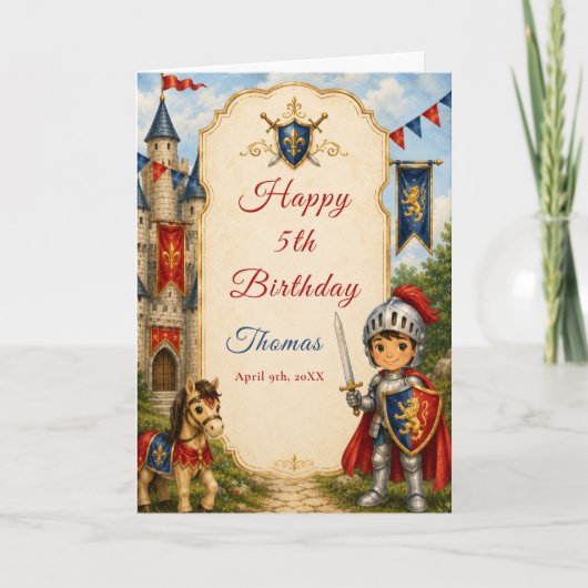 Carte d'anniversaire Chevalier Médiéval 5 ans (Devant)
