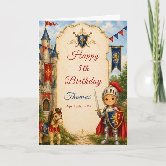 Carte d'anniversaire Chevalier Médiéval 5 ans (Devant)
