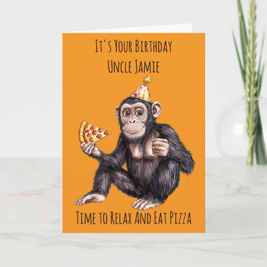 Carte d'anniversaire Chimpanzé mangeant une pizza (Devant)