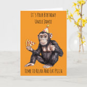 Carte d'anniversaire Chimpanzé mangeant une pizza (Fleur jaune)