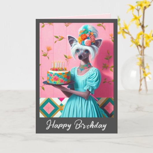 Carte d'anniversaire | Chinois Crested Chien Anniv (Fleur jaune)