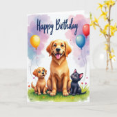 Carte d'anniversaire Chiot et Chat (Fleur jaune)