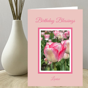 Carte d'anniversaire chrétienne aux tulipes roses