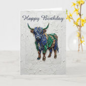 Carte d'anniversaire colorée de vache des Highland (Fleur jaune)