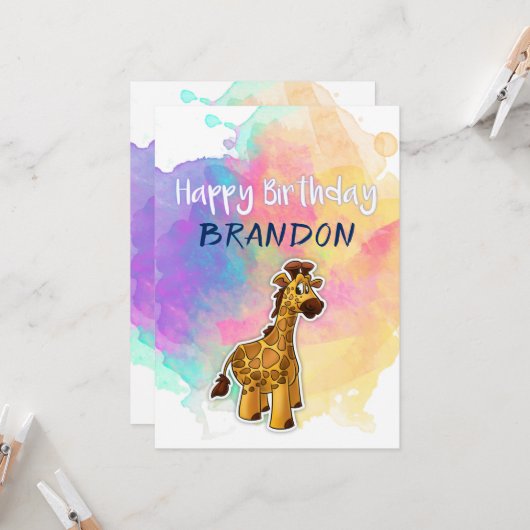 Carte d'anniversaire colorée Giraffe (Devant/Arrière en situation)