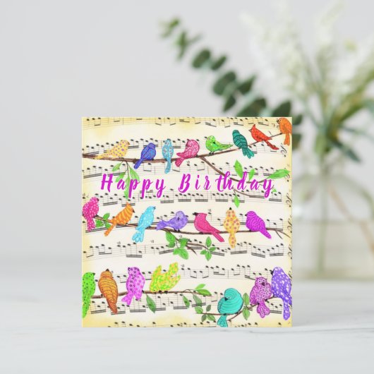 Carte d'anniversaire Colorful Musical Birds Spring (Debout devant)