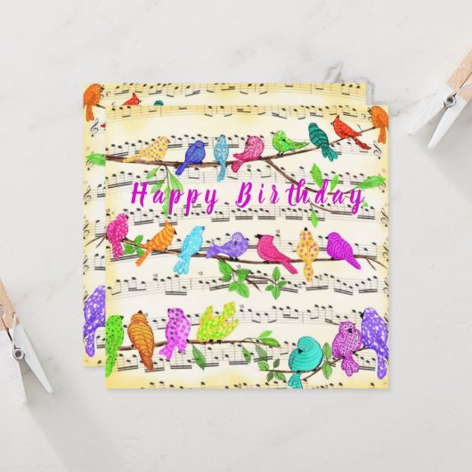 Carte d'anniversaire Colorful Musical Birds Spring (Devant/Arrière en situation)