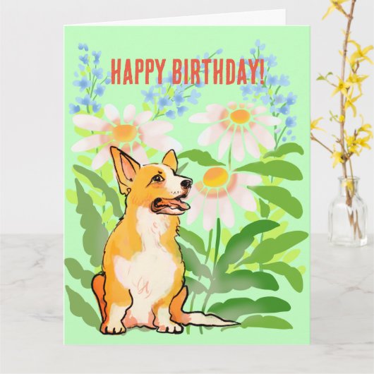 Carte d'anniversaire Corgi (Fleur jaune)