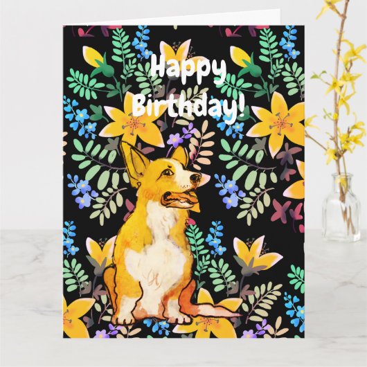 Carte d'anniversaire Corgi (Fleur jaune)