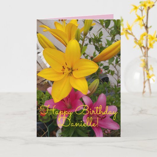 Carte d'anniversaire couleur rose Lily floral (Fleur jaune)