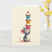 Carte d'anniversaire Cupcake Joyeuse Souris (Fleur jaune)