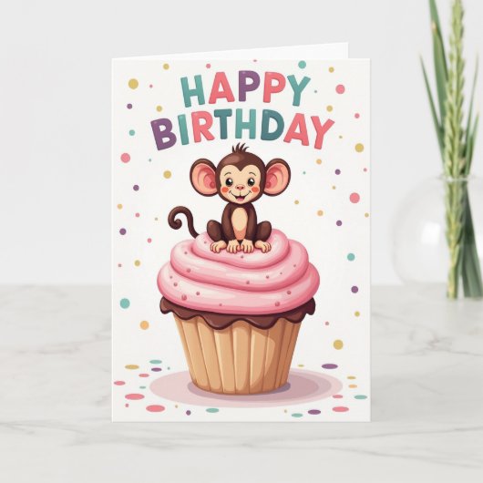 Carte d'anniversaire Cupcake Singe Enjoué (Devant)