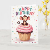 Carte d'anniversaire Cupcake Singe Enjoué (Fleur jaune)