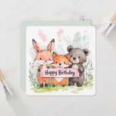 Carte d'anniversaire d'animal de forêt à l'aquarel (Devant/Arrière en situation)