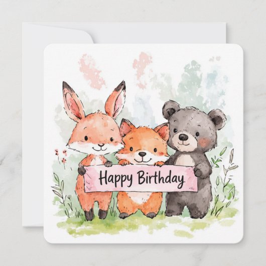 Carte d'anniversaire d'animal de forêt à l'aquarel (Devant)