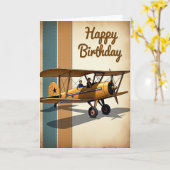 Carte d'anniversaire d'avion biplan rétro (Fleur jaune)