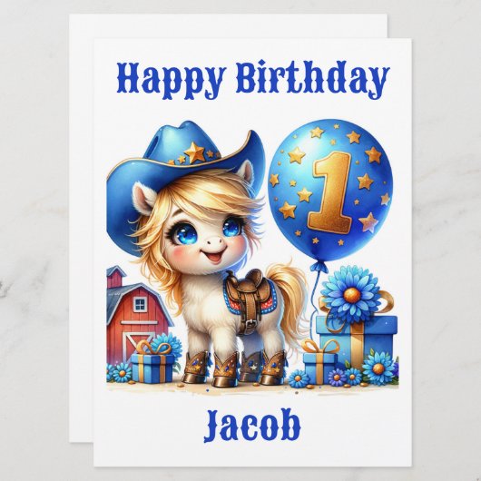 Carte d'anniversaire de 1 an de Cowboy Pony (Devant / Derrière)