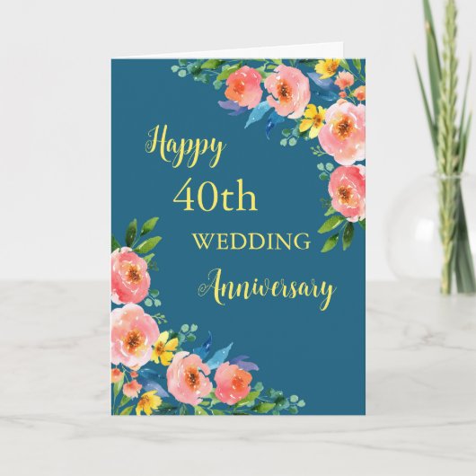 Carte d'anniversaire de 40e Mariage Watercolor Flo (Devant)