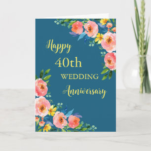 Carte d'anniversaire de 40e Mariage Watercolor Flo