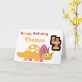 Carte d'anniversaire de 4e dinosaure jaune mignonn (Fleur jaune)