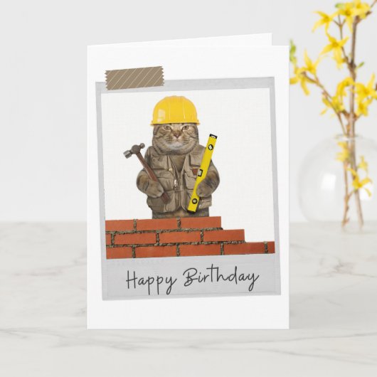 Carte d'anniversaire de Builder Cat Funny (Fleur jaune)