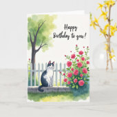 Carte d'anniversaire de chat à l'aquarelle (Fleur jaune)