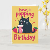 Carte d'anniversaire de chat boisson rose (Fleur jaune)