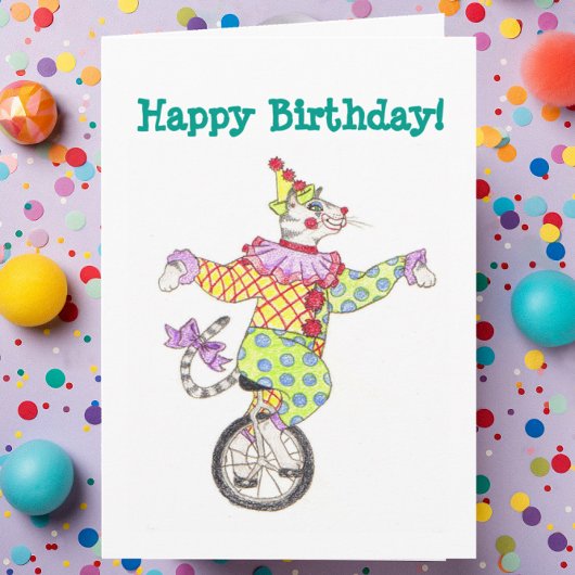 Carte d'anniversaire de chat de clown de monocycle