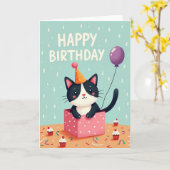 Carte d'anniversaire de chat en boîte-cadeau (Fleur jaune)