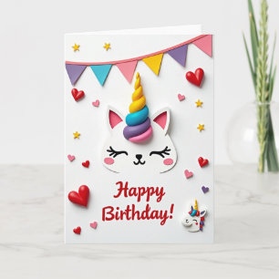 Carte d'anniversaire de chat licorne sucrée