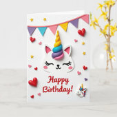Carte d'anniversaire de chat licorne sucrée (Fleur jaune)