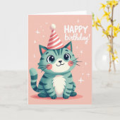Carte d'anniversaire de chat sarcelle (Fleur jaune)