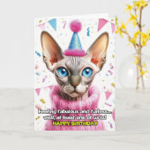 Carte d'anniversaire de chat Sphinx en pull tricot (Fleur jaune)