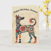 Carte d'anniversaire de chien d'art populaire modi (Fleur jaune)