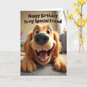 Carte d'anniversaire de chien souriant (Fleur jaune)