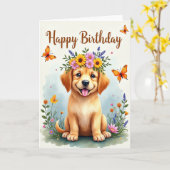 Carte d'anniversaire de chiot couronne (Fleur jaune)