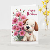 Carte d'anniversaire de chiot en peluche joyeuse (Fleur jaune)