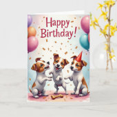 Carte d'anniversaire de chiots dansants (Fleur jaune)