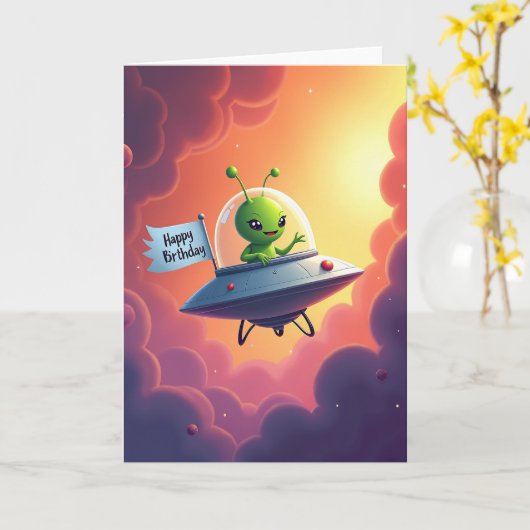 Carte d'anniversaire de créature spatiale joyeuse (Fleur jaune)